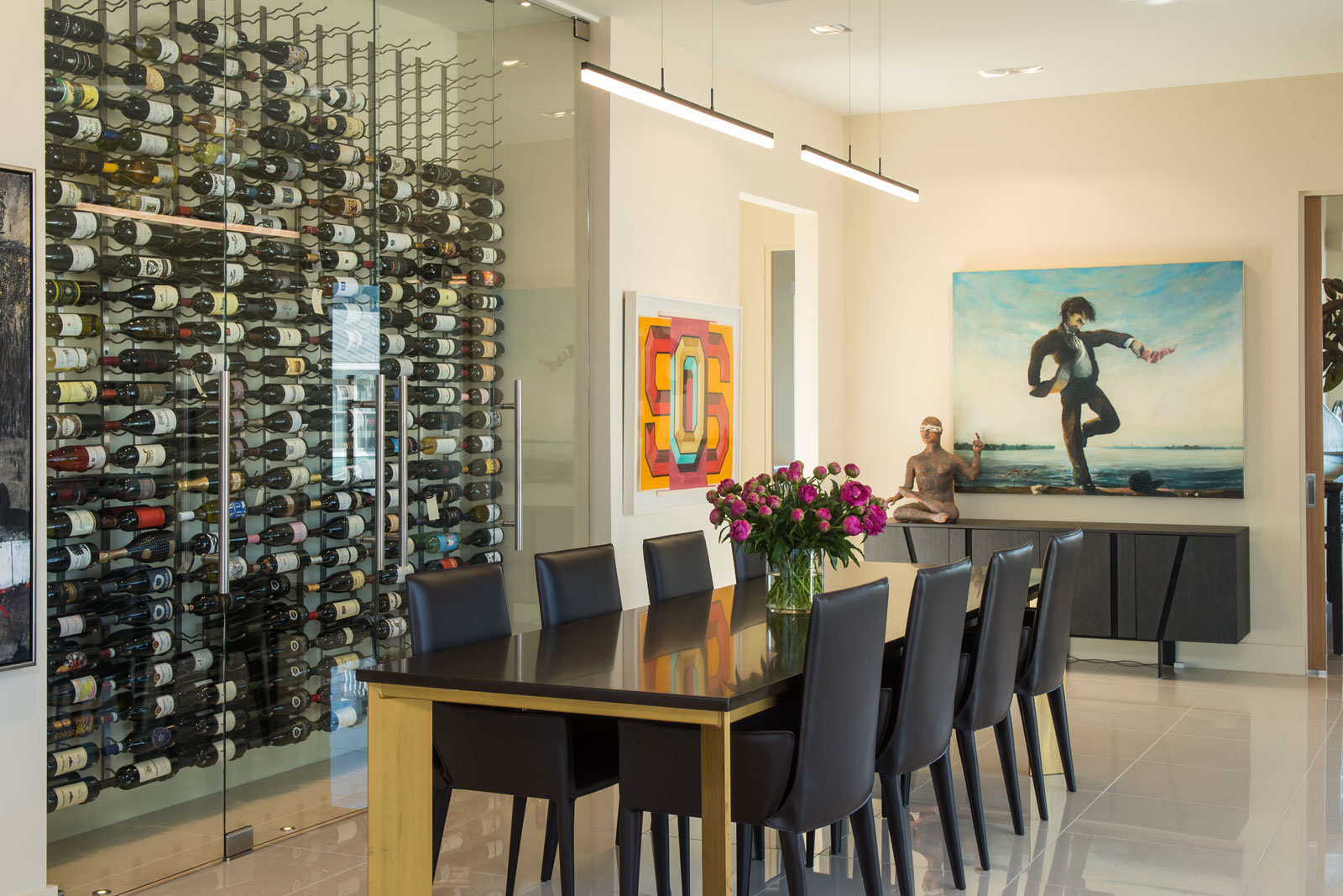 Wine storage, glass walls, custom wine hanging