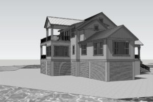 3D view of back porch and deck with views to the ocean.