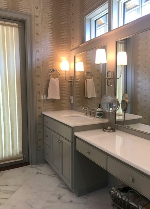 Master bath with makeup counter in bathroom for aging in place