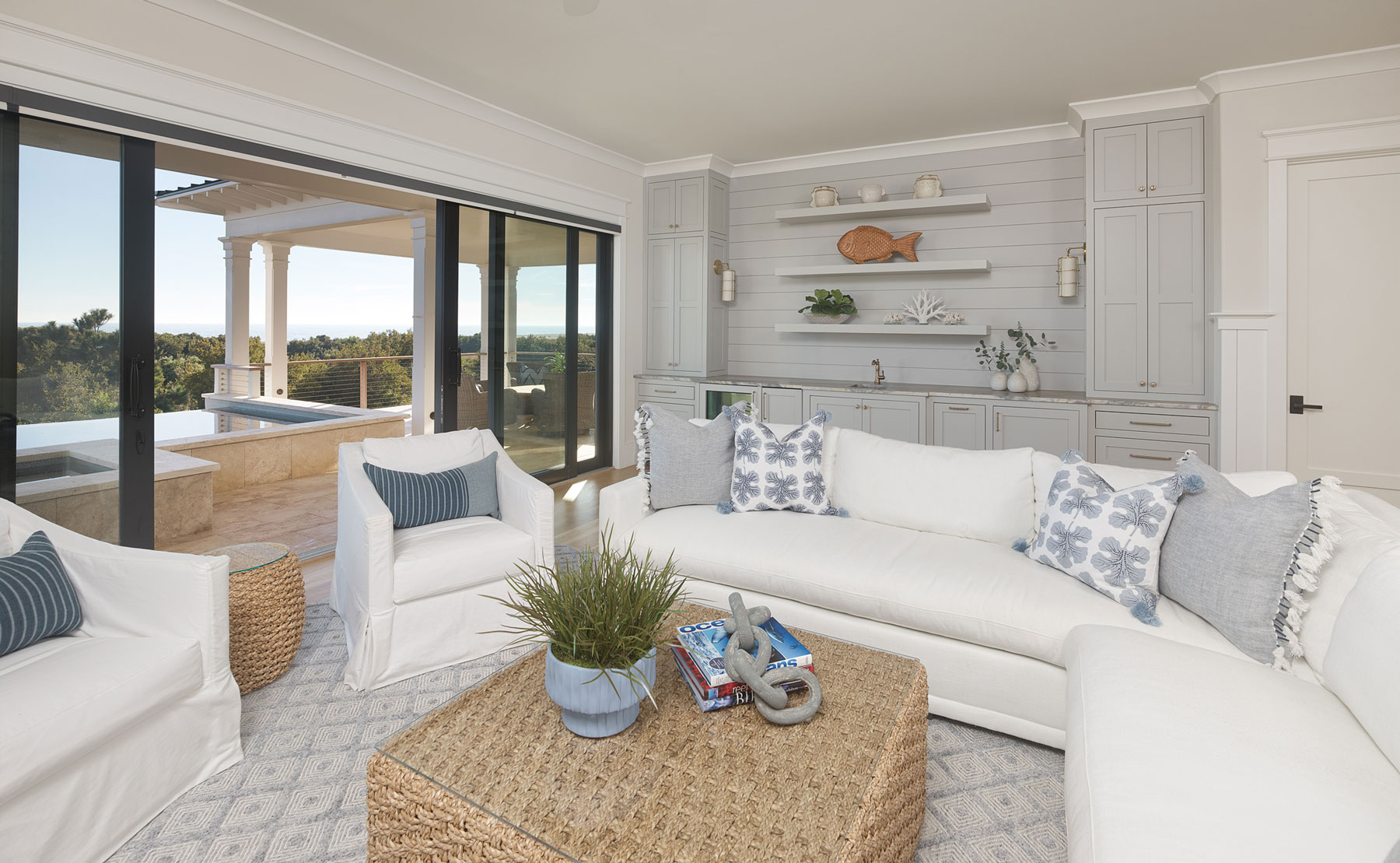 Main floor lounge of reverse plan ocean front home in Isle of Palms designed by Swallowtail Architecture