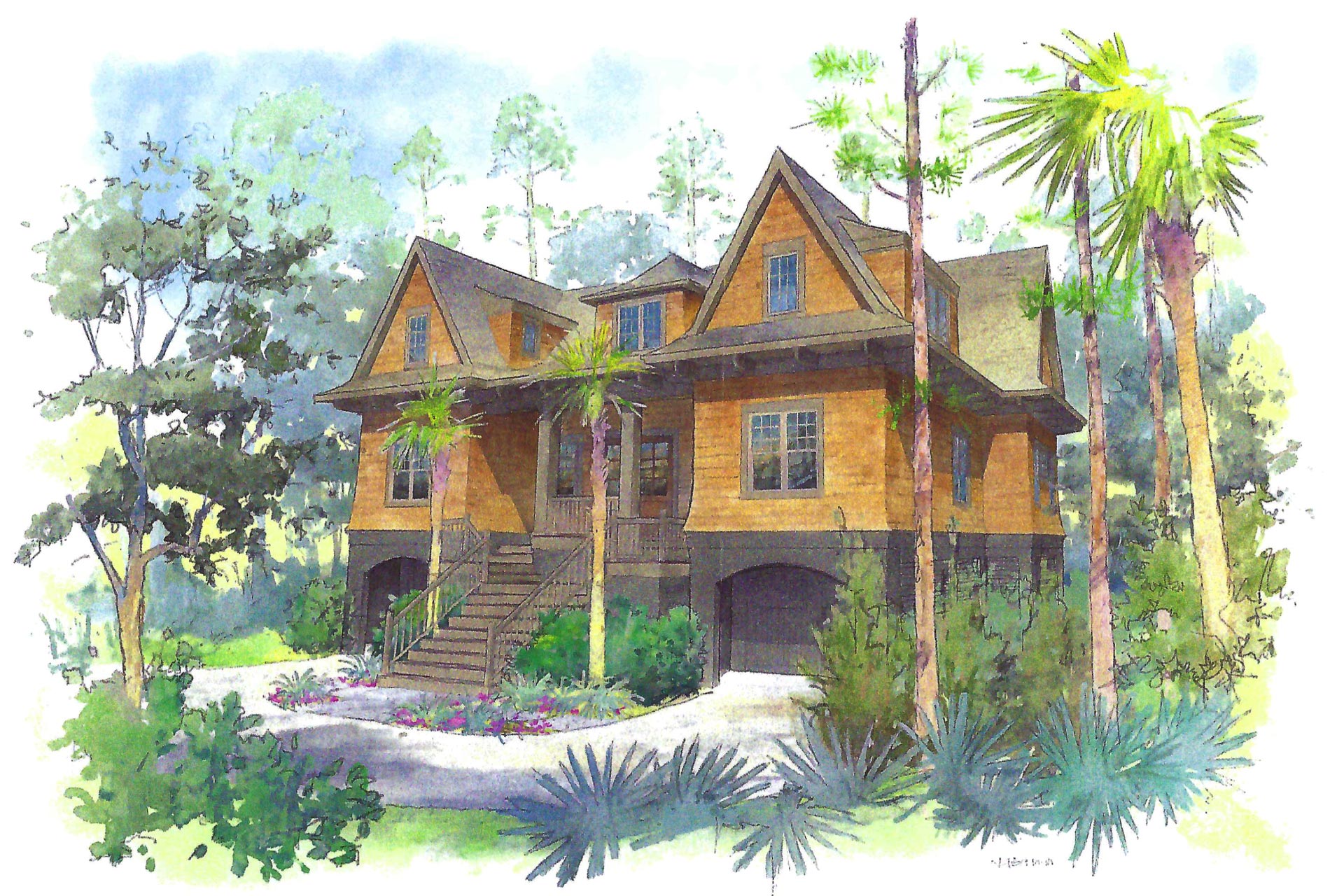 Water color rending of new home designed by Swallowtail Architecture on Kiawah Island of cedar shake siding modern Victorian elegance