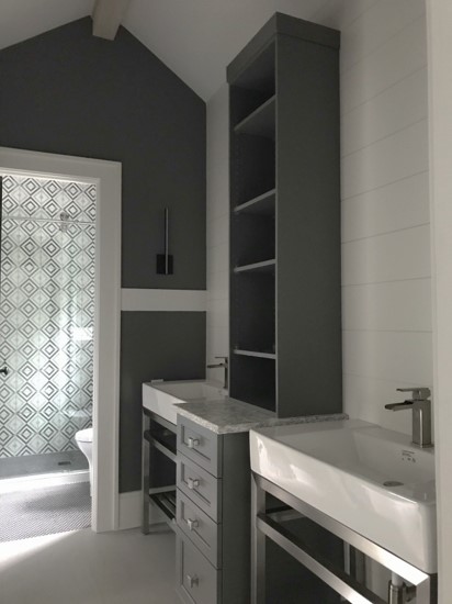 Master bath with two vanities, modern classic, with dark gray walls
