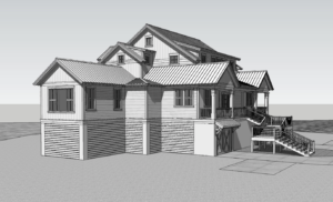 Detail view in 3D of front entry and double garages on elevated waterfront home.