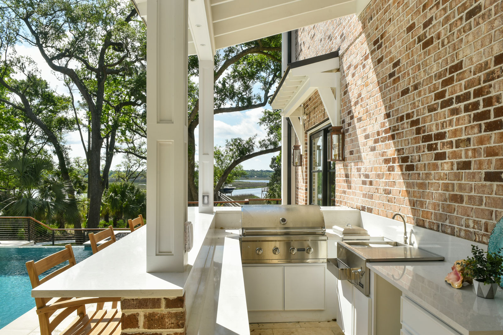 Covered outdoor kitchen with great water views