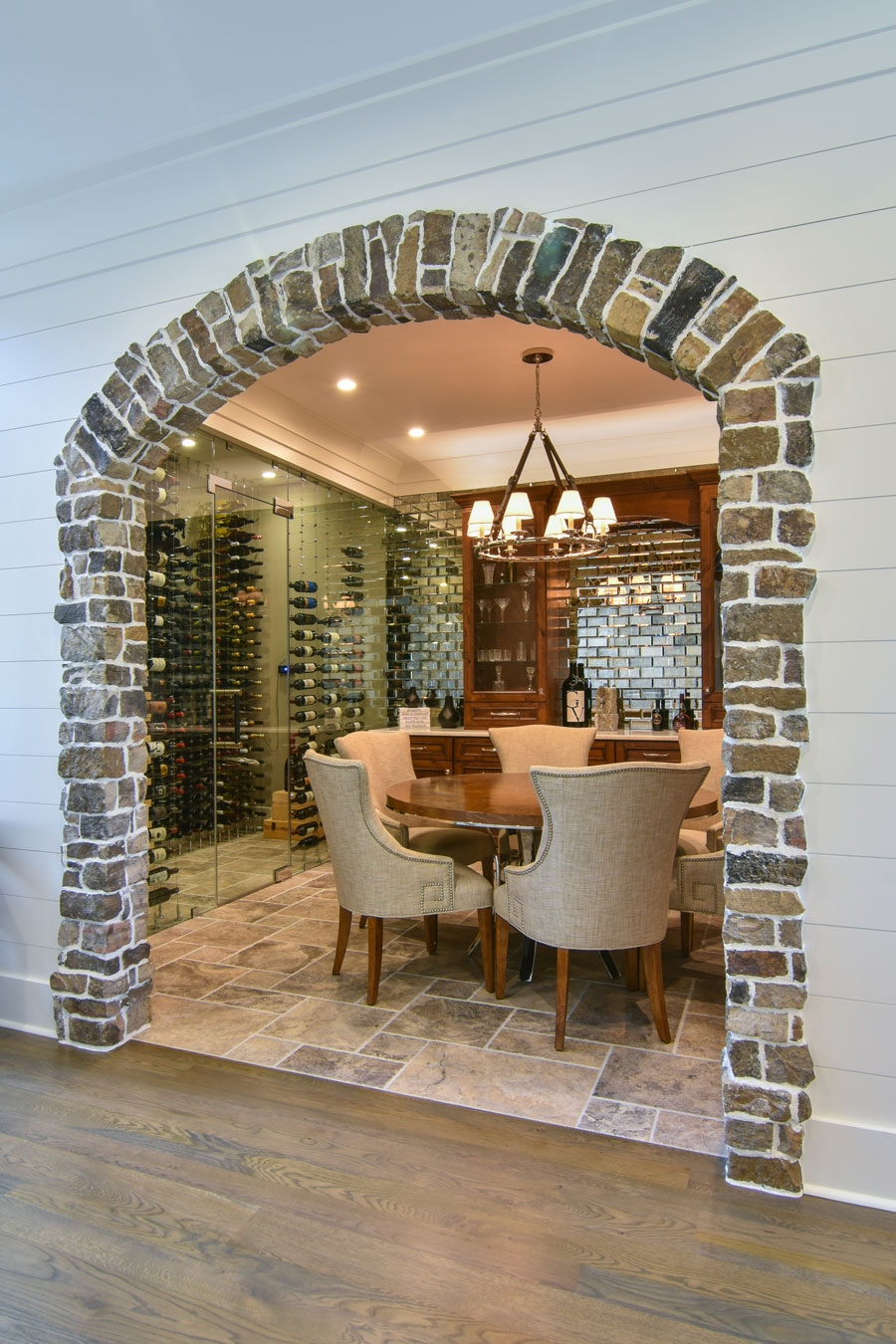Stone arched doorway into wine tasting room