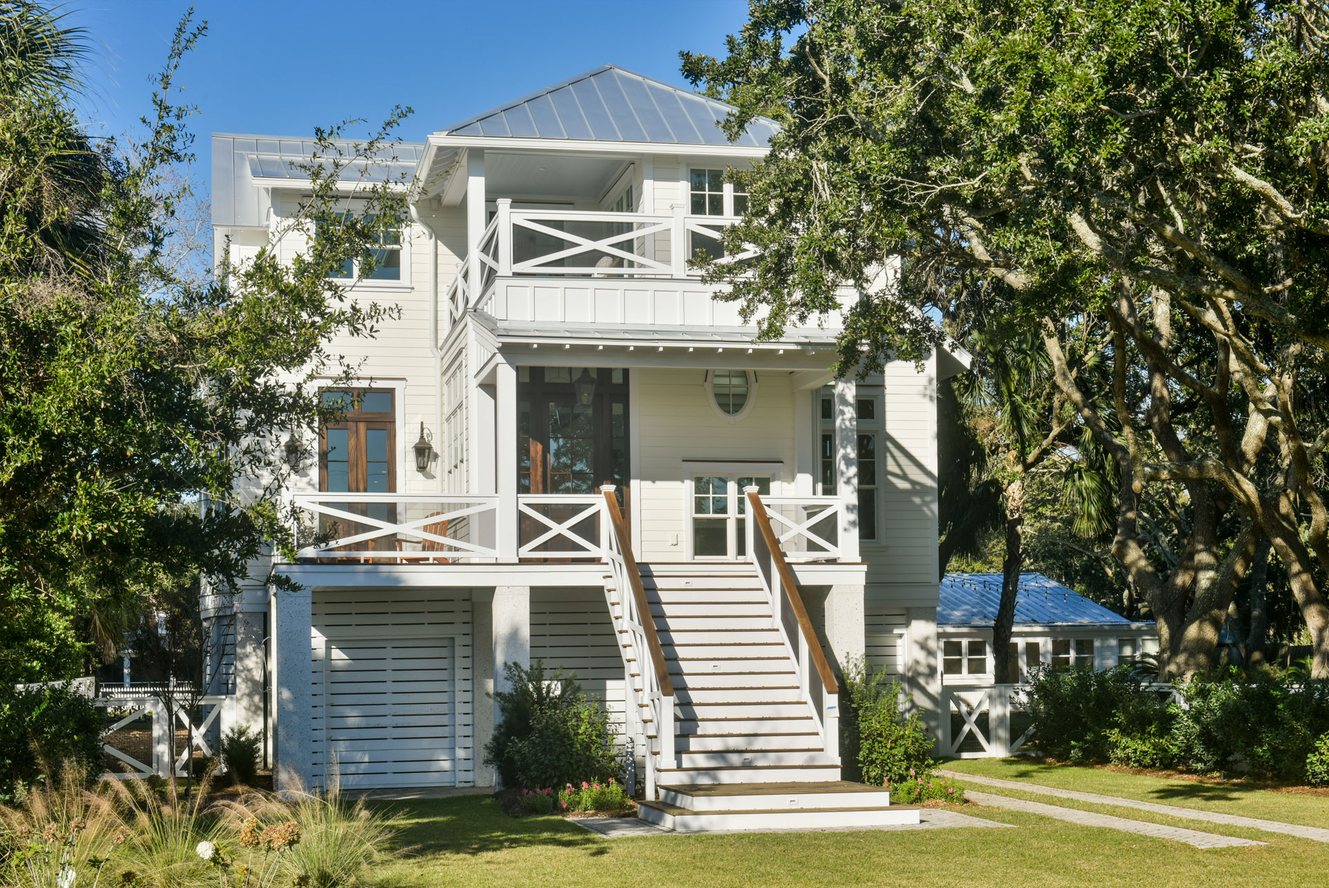 Front elevation of new coastal style home on Sullivan's Island