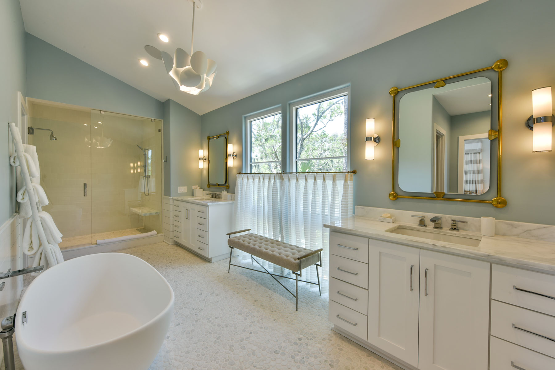 Master bath renovatio with double vanities, separate tub, and shower--coastal, modern