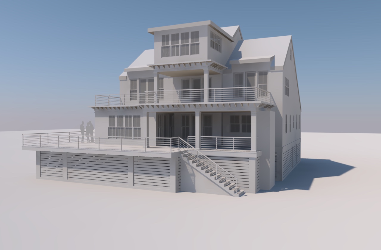 Proposed design of rear elevation that fixes balconies with sidewalls that obstructed water views
