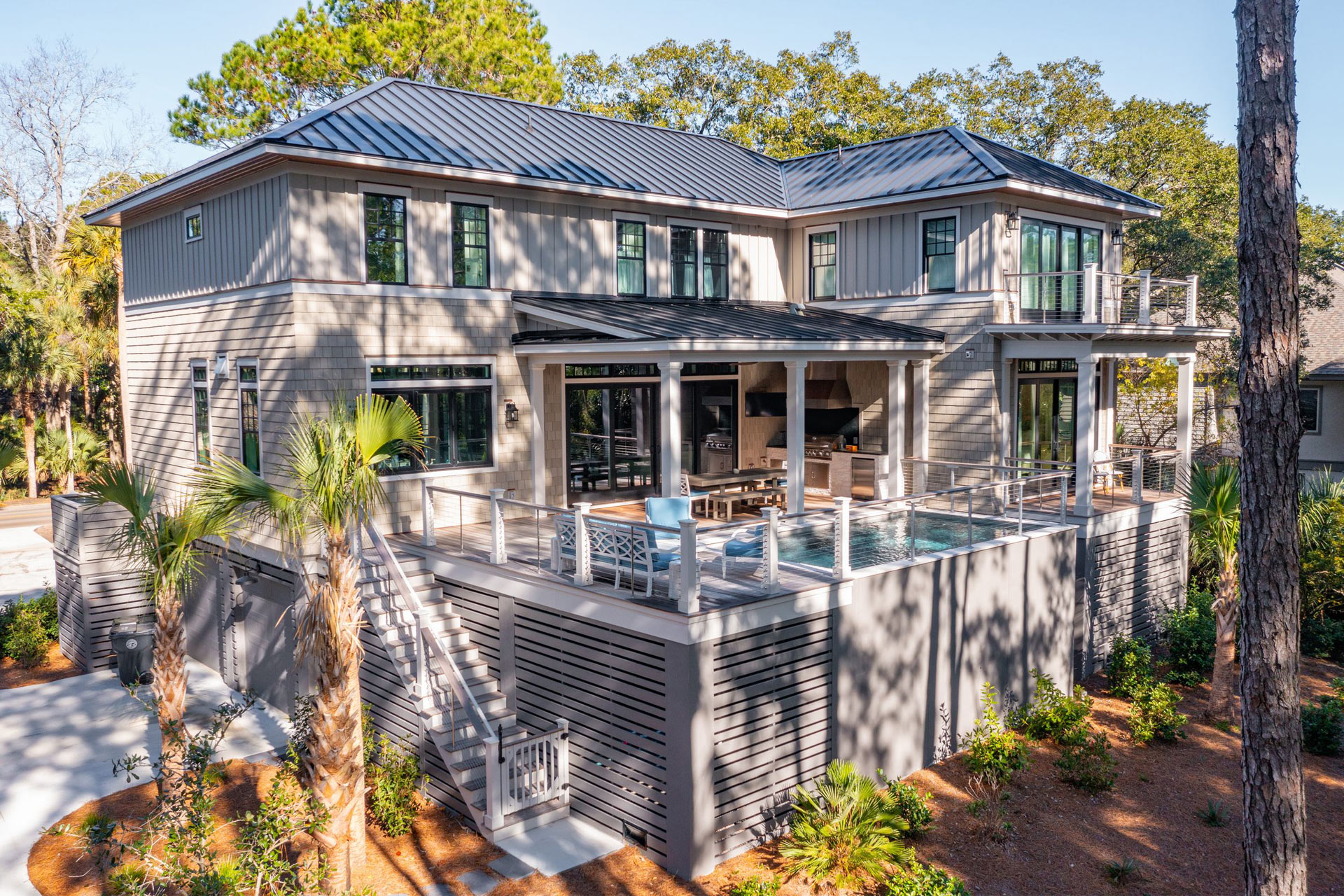 Rear view of newly designed home on Kiawah Island by Swallowtail Architecture