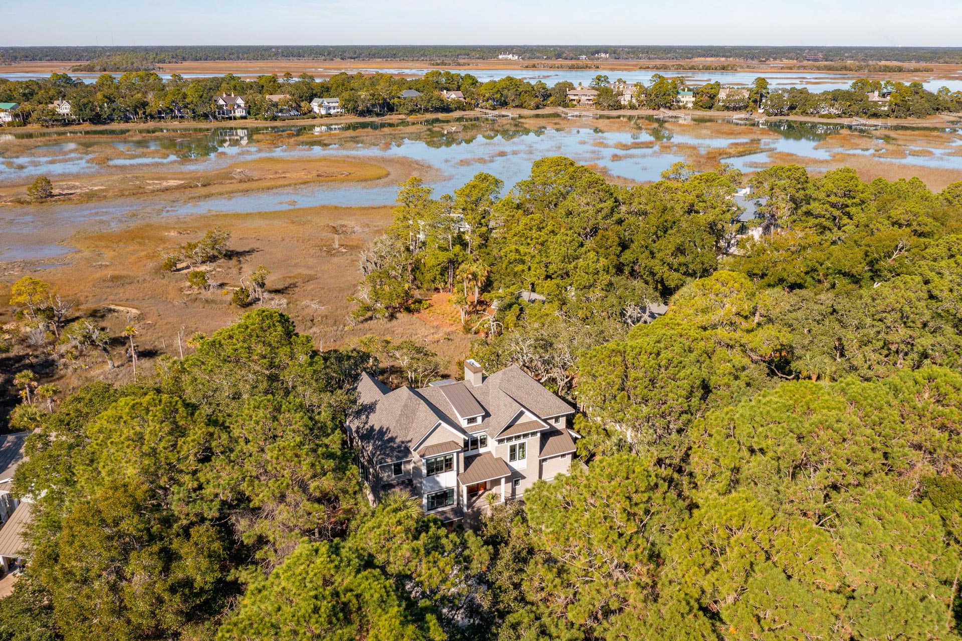 Aerial view of new home designed on Kiawah Island by Rachel Burton of Swallowtail Architecture